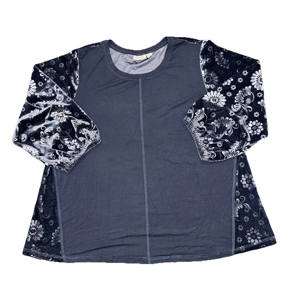 LOGO‎ by Lori Goldstein Women L Crushed Velvet Shirt Floral Boho Peasant Holiday